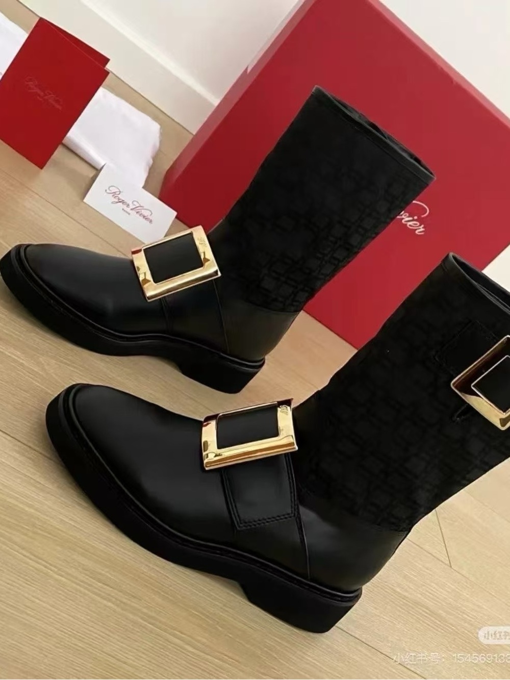 Roger Vivier Designer Black Mid-Calf Women’s Boots with Gold Buckle